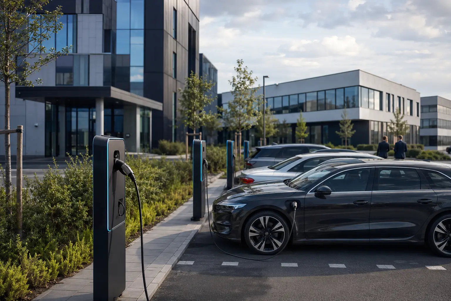 Elektroautos laden an Ladesäulen vor einem Bürogebäude