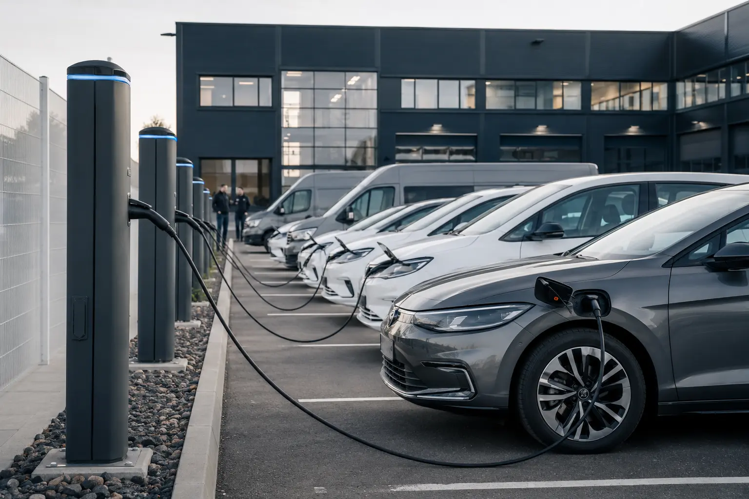 Firmenflotte aus Elektroautos lädt an einer Reihe von Ladesäulen