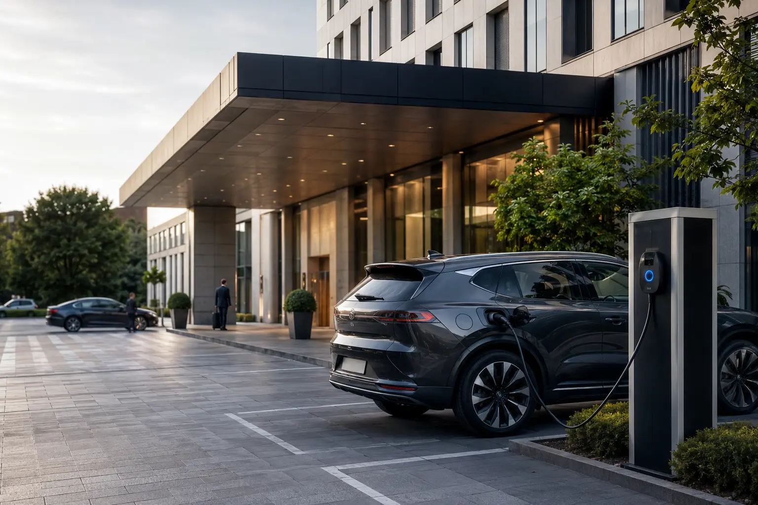 Elektroauto lädt an einer Ladesäule vor einem Hoteleingang