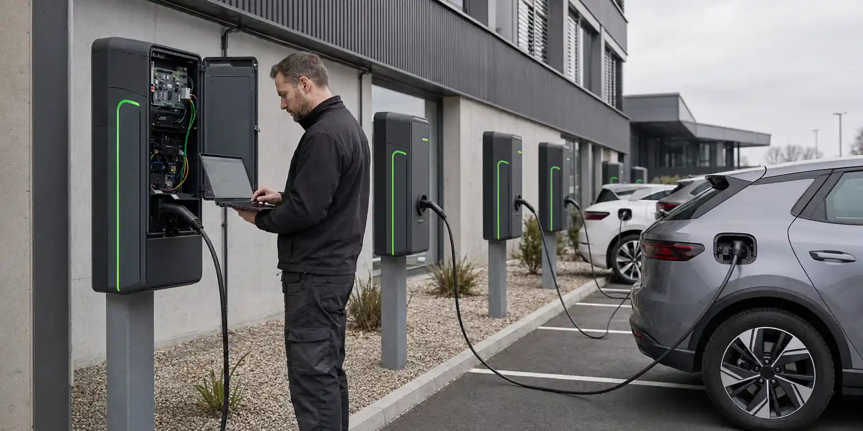 Techniker wartet eine wandmontierte Ladestation